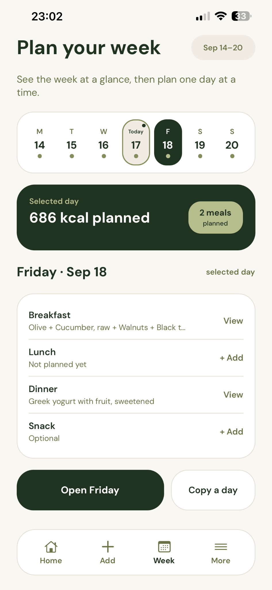 Plan your week: selected Friday and planned meals.