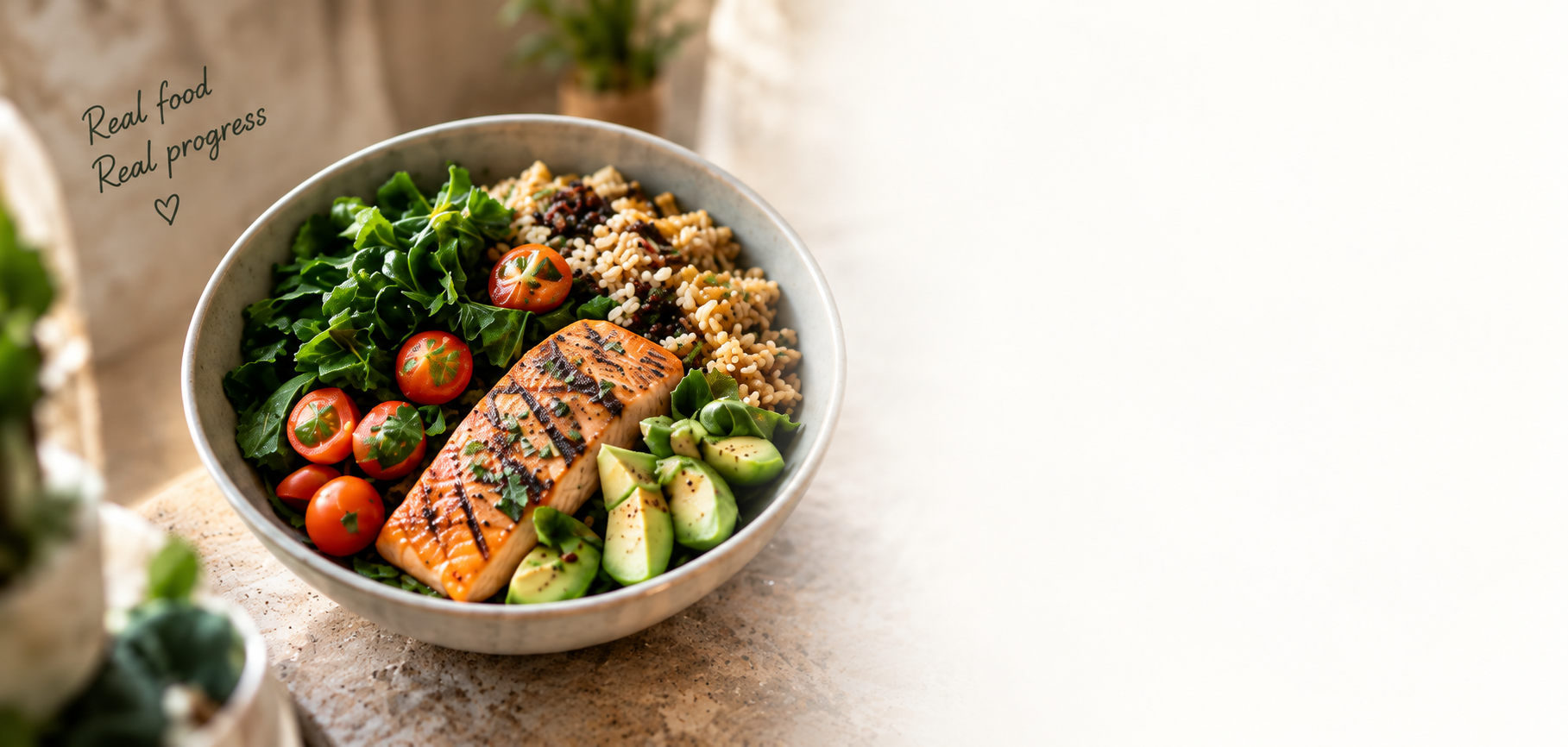 A bowl of salmon, grains, avocado and fresh vegetables.